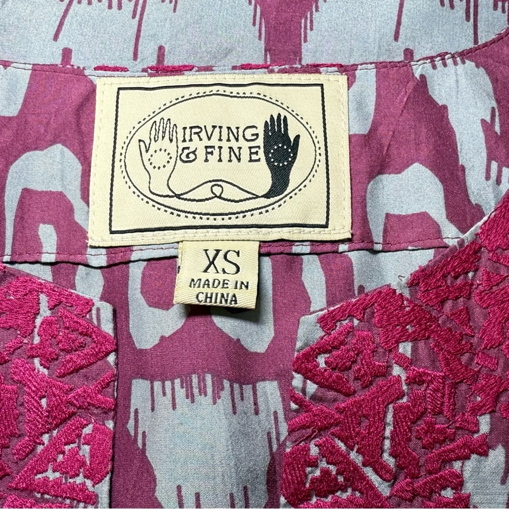 Silk Ikat Gray/Magenta Embroidered Tunic with Bell Sleeves  Boho Gypsy - Picture 4 of 7